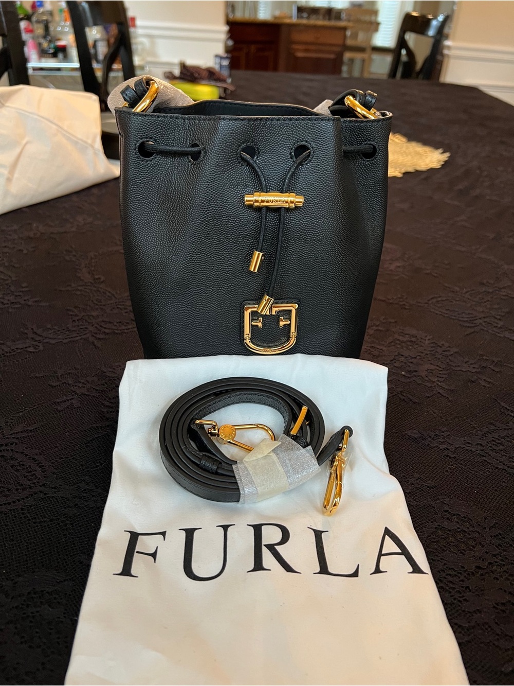 Furla Black Hobo Bag with Gold Accents